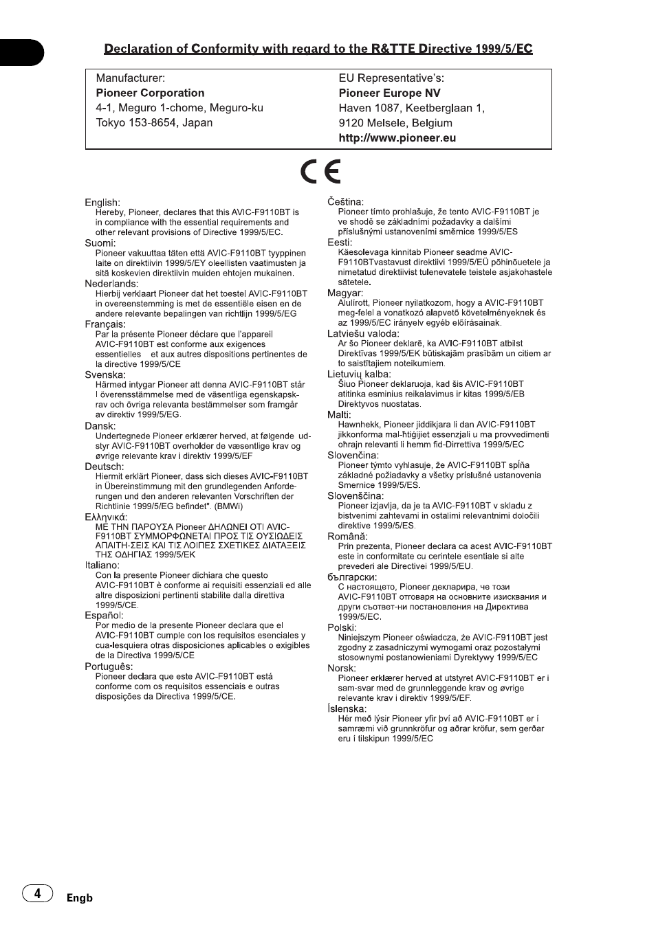 Pioneer AVIC-F9110BT User Manual | Page 4 / 108