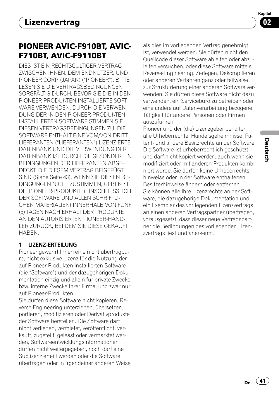 F9110bt, Lizenzvertrag | Pioneer AVIC-F9110BT User Manual | Page 41 / 108