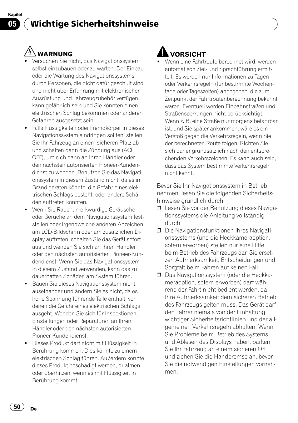 Wichtige sicherheitshinweise | Pioneer AVIC-F9110BT User Manual | Page 50 / 108