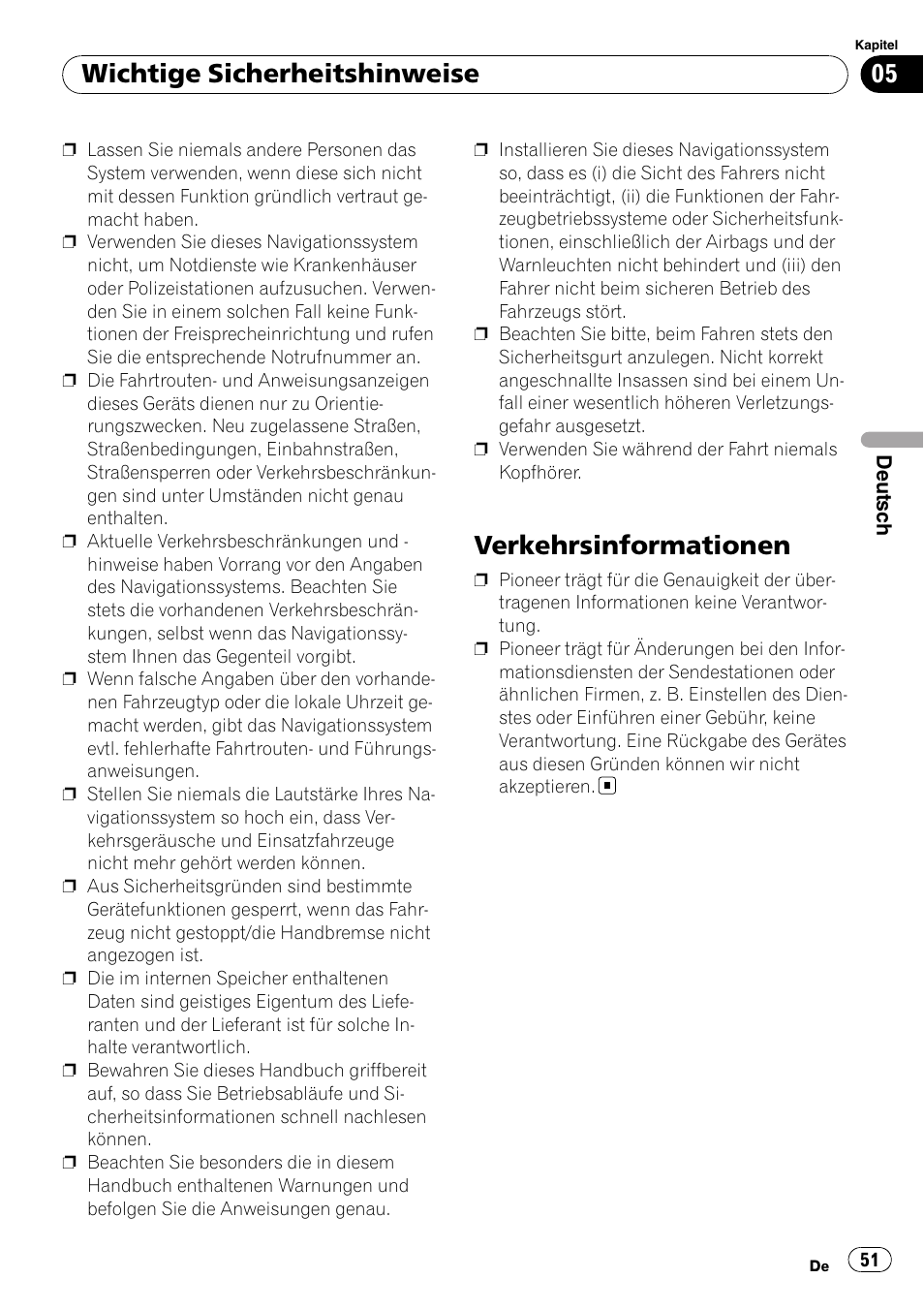 Verkehrsinformationen, Wichtige sicherheitshinweise | Pioneer AVIC-F9110BT User Manual | Page 51 / 108