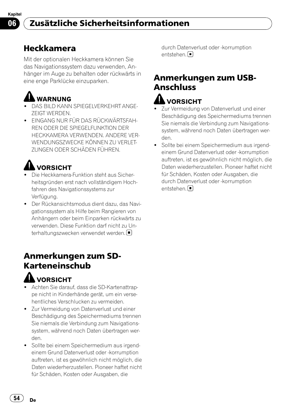 Heckkamera, Anmerkungen zum sd-karteneinschub, Anmerkungen zum usb-anschluss | Anmerkungen zum sd- karteneinschub, Anmerkungen zum usb- anschluss, Zusätzliche sicherheitsinformationen | Pioneer AVIC-F9110BT User Manual | Page 54 / 108