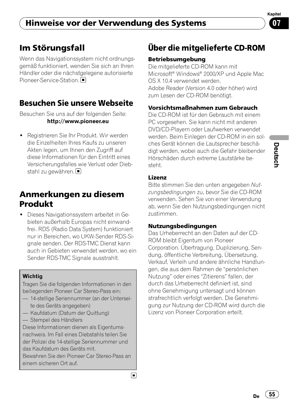 Besuchen sie unsere webseite, Anmerkungen zu diesem produkt, Über die mitgelieferte cd-rom | Im störungsfall, Hinweise vor der verwendung des systems | Pioneer AVIC-F9110BT User Manual | Page 55 / 108