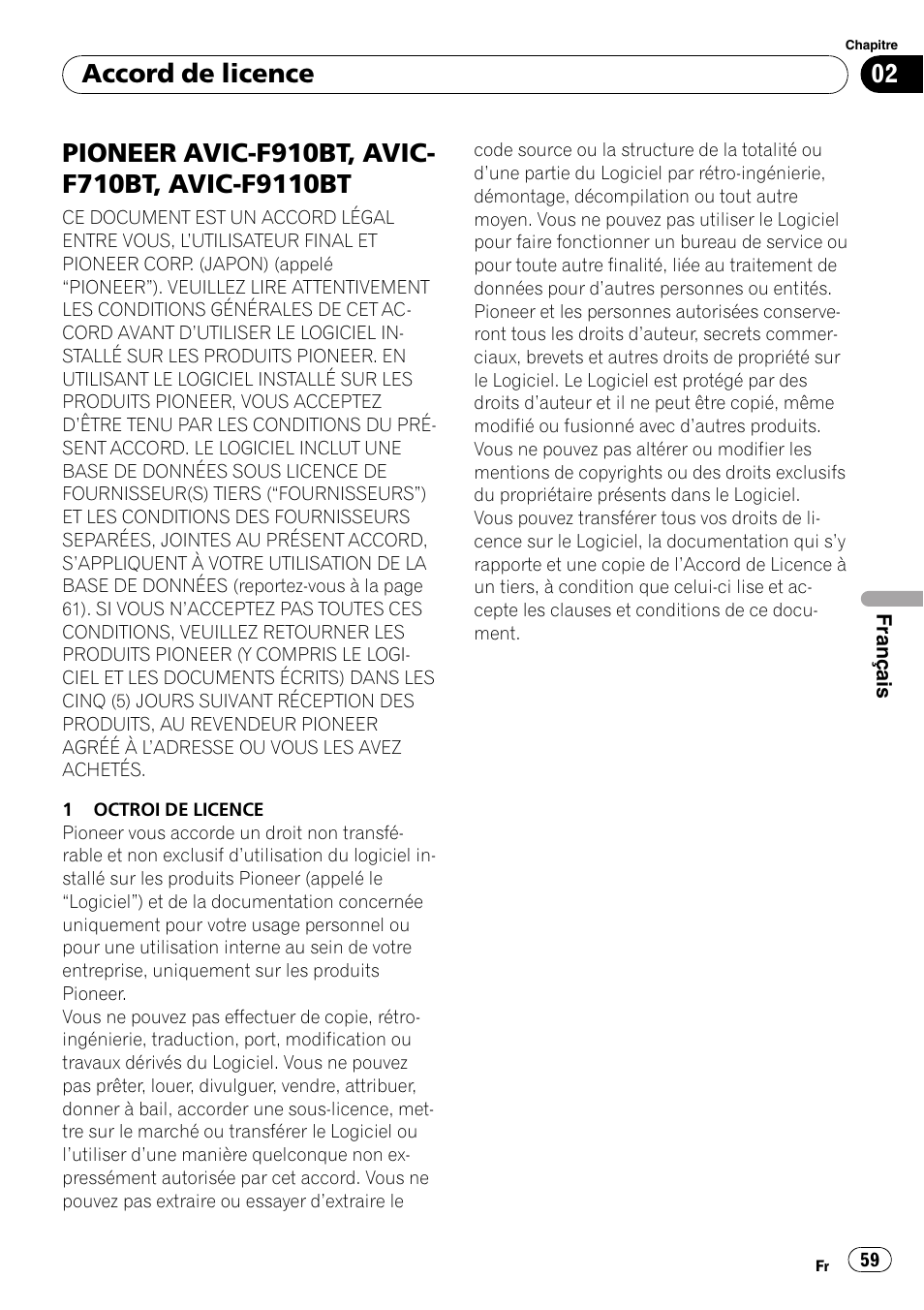 F9110bt, Accord de licence | Pioneer AVIC-F9110BT User Manual | Page 59 / 108