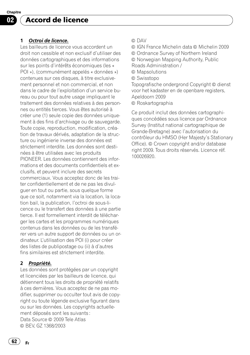 Accord de licence | Pioneer AVIC-F9110BT User Manual | Page 62 / 108