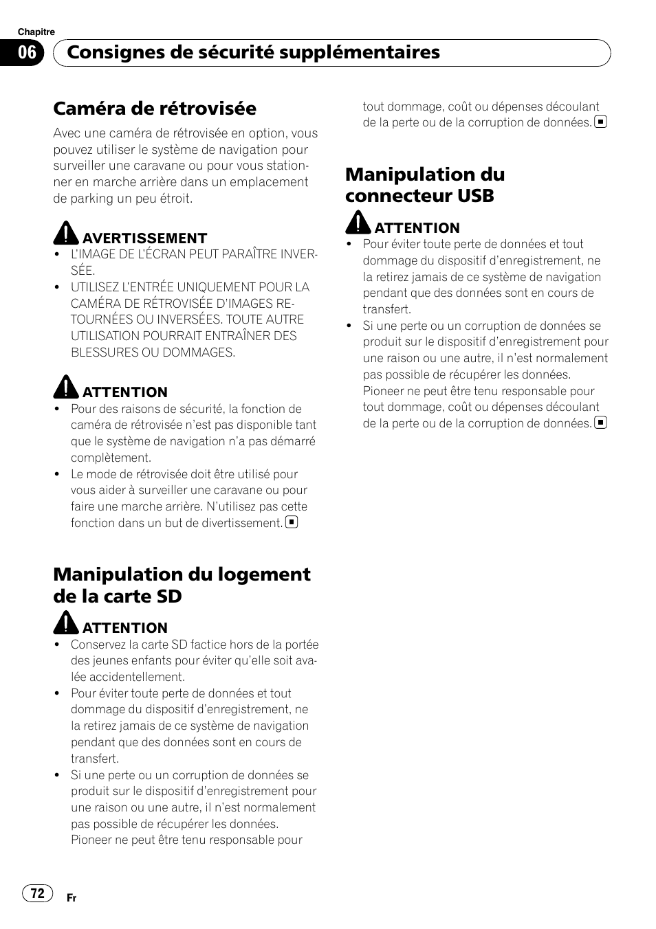 Caméra de rétrovisée, Manipulation du logement de la carte, Manipulation du connecteur usb | Manipulation du logement de la carte sd, Consignes de sécurité supplémentaires | Pioneer AVIC-F9110BT User Manual | Page 72 / 108