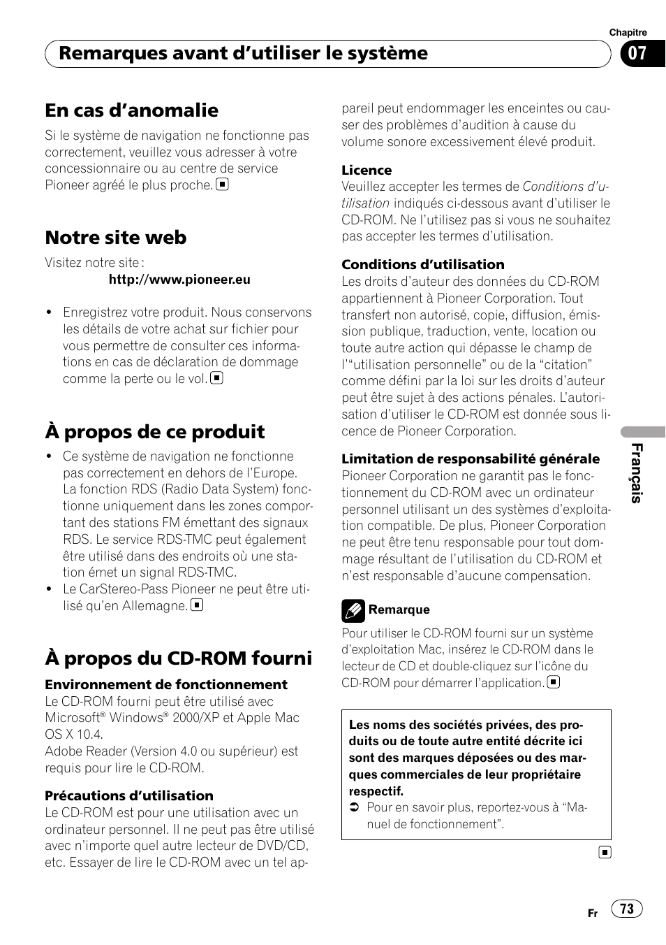 Remarques avant d, Utiliser le système, En cas d | Anomalie 73, Notre site web, À propos de ce produit, À propos du cd-rom fourni, En cas d ’anomalie, Remarques avant d ’utiliser le système | Pioneer AVIC-F9110BT User Manual | Page 73 / 108
