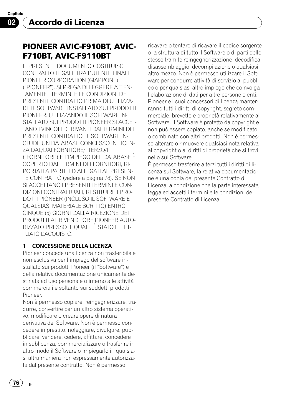 F9110bt, Accordo di licenza | Pioneer AVIC-F9110BT User Manual | Page 76 / 108