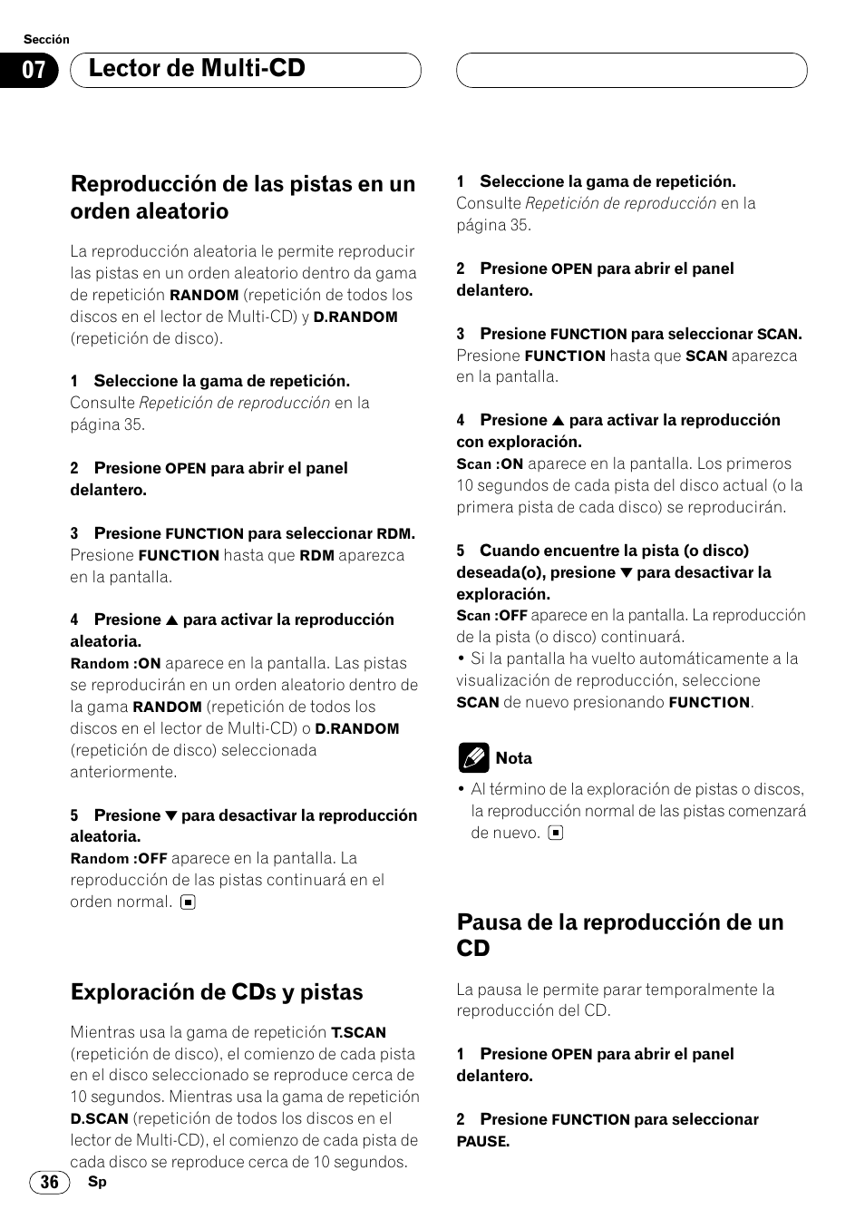 Reproducción de las pistas en un orden, Aleatorio 36, Lector de multi-cd | Reproducción de las pistas en un orden aleatorio, Exploración de cds y pistas, Pausa de la reproducción de un cd | Pioneer DEH-P8400MP User Manual | Page 100 / 132