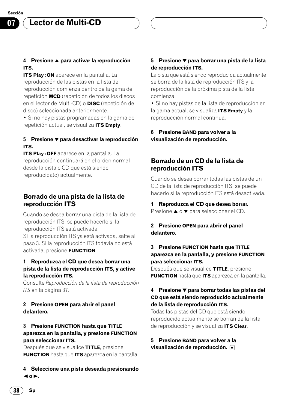 Borrado de una pista de la lista de, Reproducción its 38, Borrado de un cd de la lista de | 07 lector de multi-cd, Borrado de un cd de la lista de reproducción its | Pioneer DEH-P8400MP User Manual | Page 102 / 132