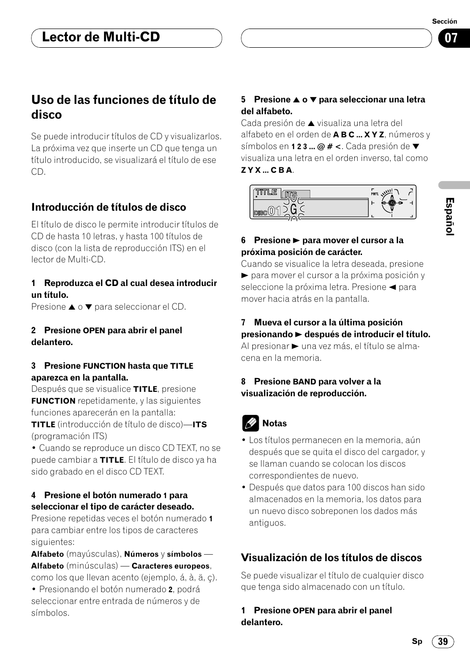 Uso de las funciones de título de disco 39, Discos 39, Lector de multi-cd | Uso de las funciones de título de disco | Pioneer DEH-P8400MP User Manual | Page 103 / 132