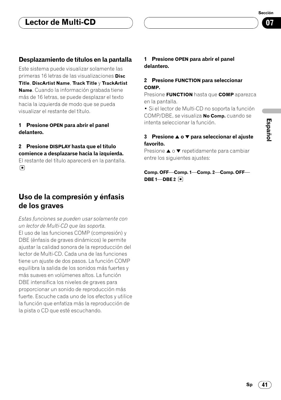 Desplazamiento de títulos en la, Pantalla 41, Uso de la compresión y énfasis de los | Graves 41, Lector de multi-cd, Uso de la compresión y énfasis de los graves | Pioneer DEH-P8400MP User Manual | Page 105 / 132