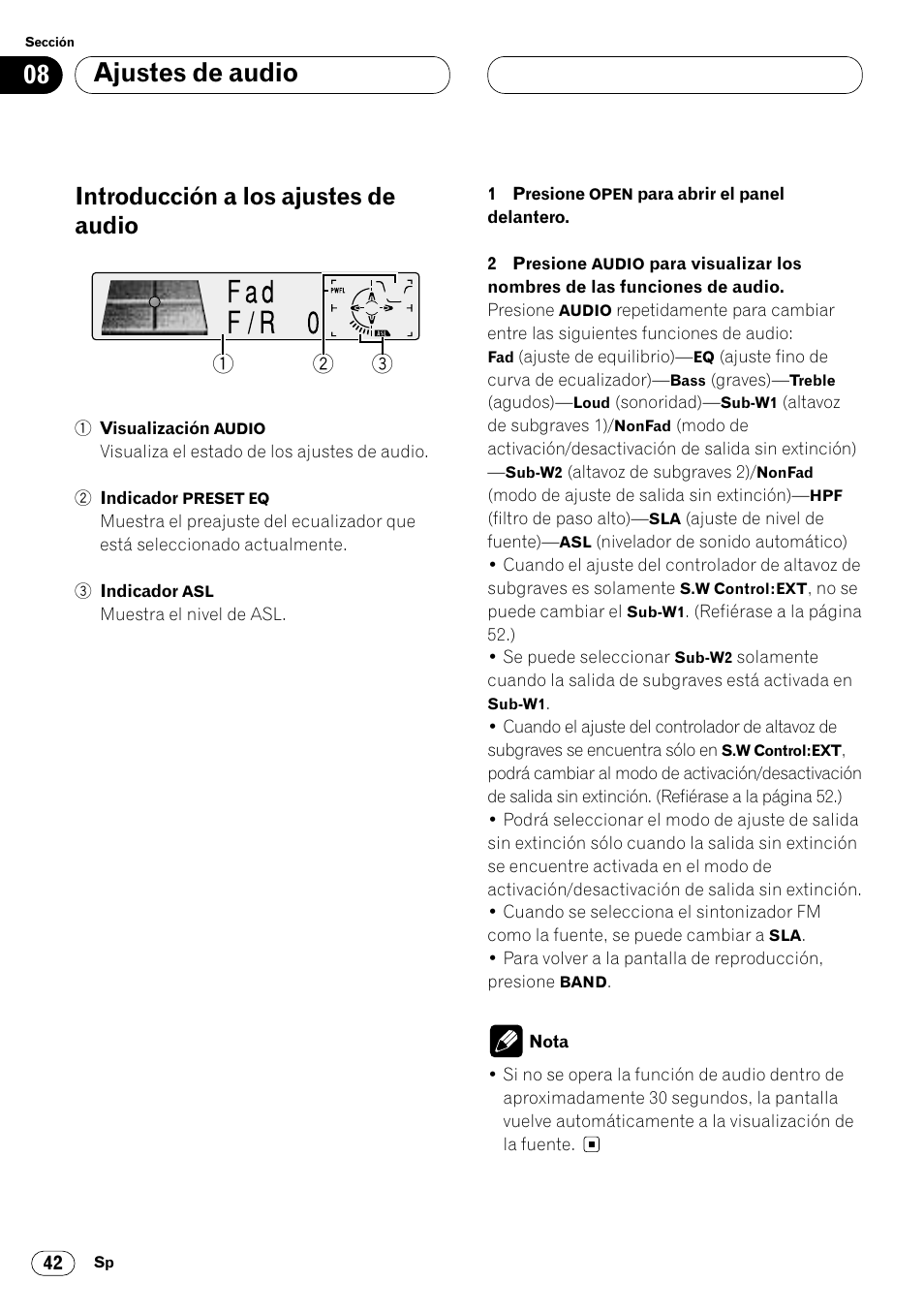 Introducción a los ajustes de audio 42, Ajustes de audio, Introducción a los ajustes de audio | Pioneer DEH-P8400MP User Manual | Page 106 / 132
