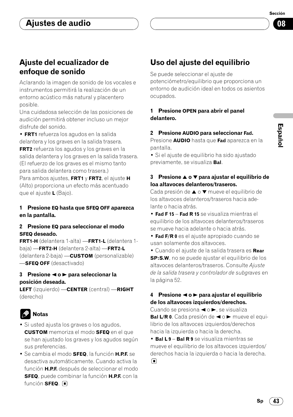 08 ajustes de audio, Ajuste del ecualizador de enfoque de sonido, Uso del ajuste del equilibrio | Pioneer DEH-P8400MP User Manual | Page 107 / 132