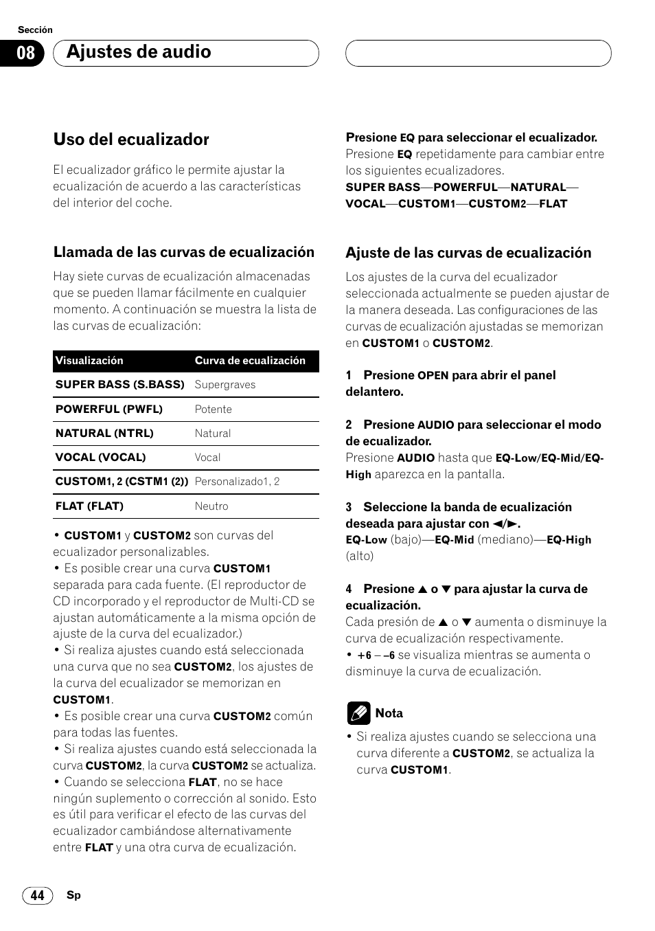 Uso del ecualizador 44, Ajustes de audio, Uso del ecualizador | Llamada de las curvas de ecualización, Ajuste de las curvas de ecualización | Pioneer DEH-P8400MP User Manual | Page 108 / 132