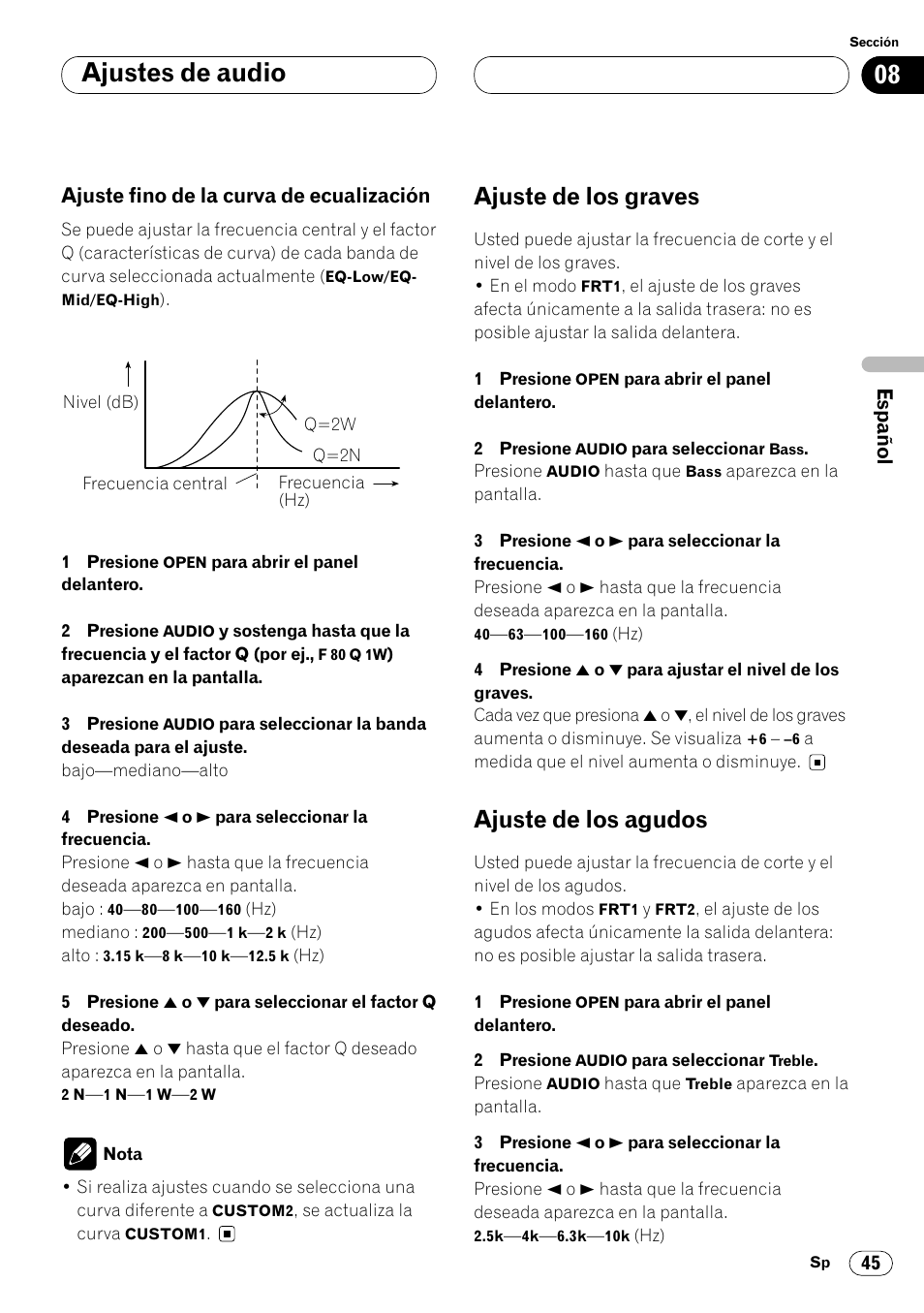 Ajuste fino de la curva de ecualización 45, Ajuste de los graves 45 ajuste de los agudos 45, Ajustes de audio | Ajuste de los graves, Ajuste de los agudos, Ajuste fino de la curva de ecualización | Pioneer DEH-P8400MP User Manual | Page 109 / 132