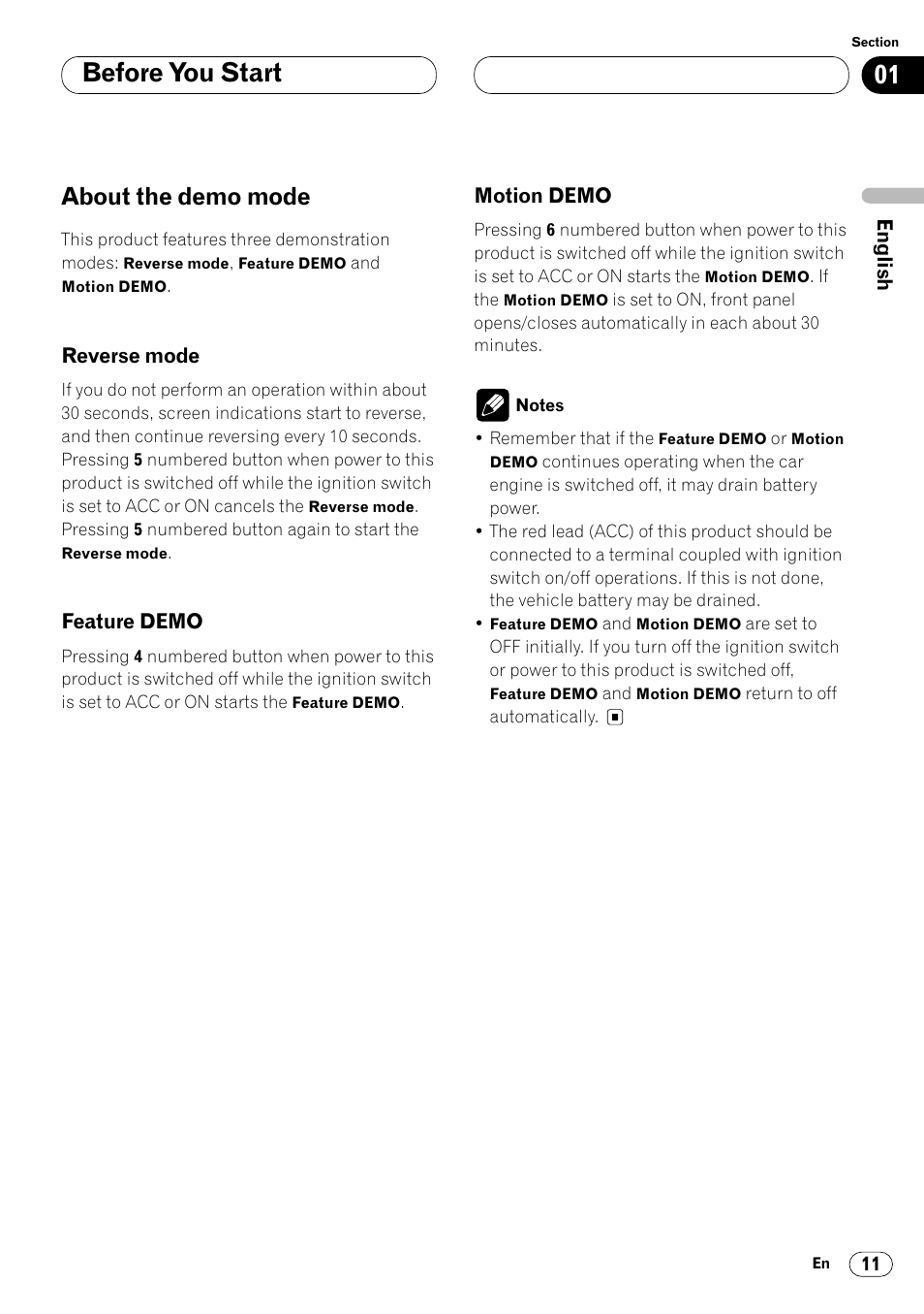 About the demo mode 11, Reverse mode 11 • feature demo 11 • motion demo 11, Before you start | About the demo mode | Pioneer DEH-P8400MP User Manual | Page 11 / 132
