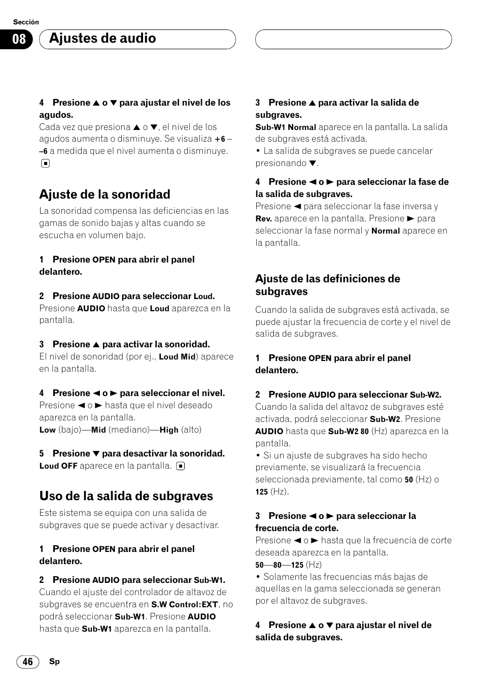 Ajuste de las definiciones de subgraves 46, Ajustes de audio, Ajuste de la sonoridad | Uso de la salida de subgraves, Ajuste de las definiciones de subgraves | Pioneer DEH-P8400MP User Manual | Page 110 / 132