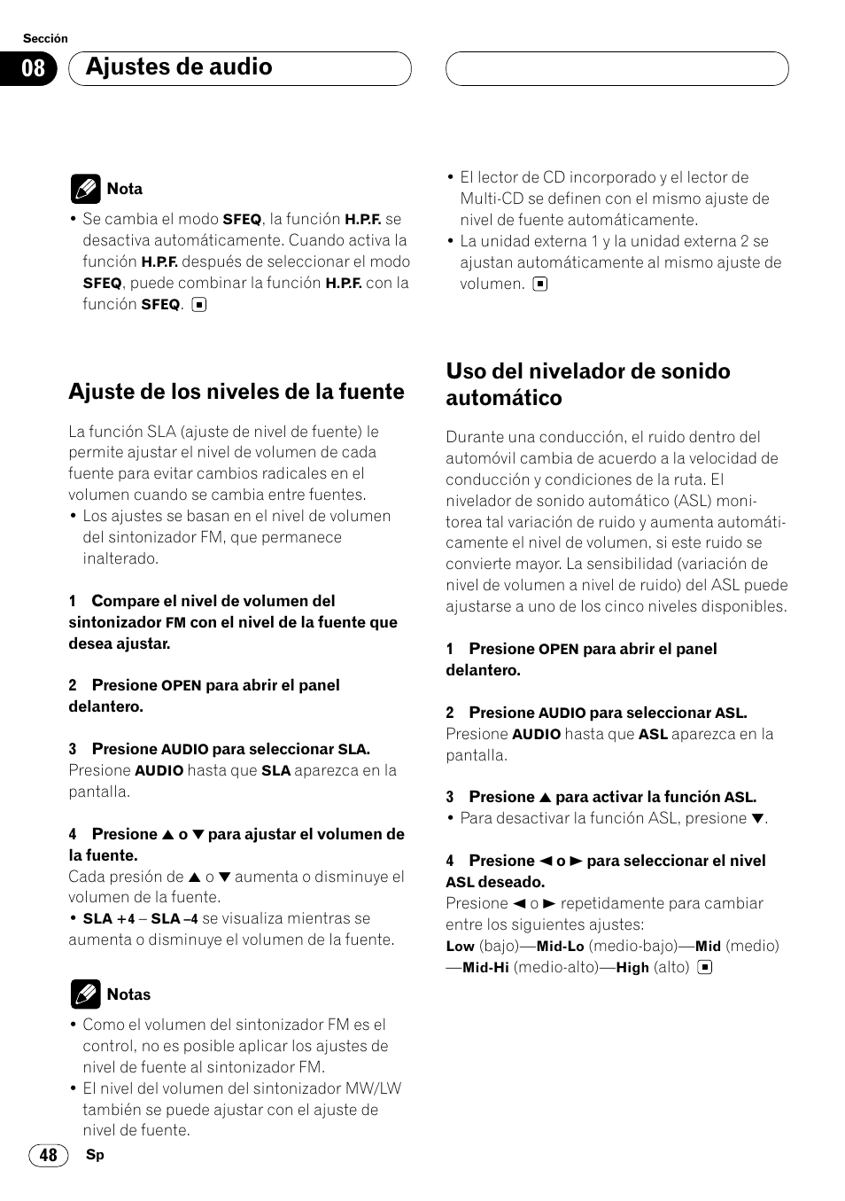 Ajustes de audio, Ajuste de los niveles de la fuente, Uso del nivelador de sonido automático | Pioneer DEH-P8400MP User Manual | Page 112 / 132