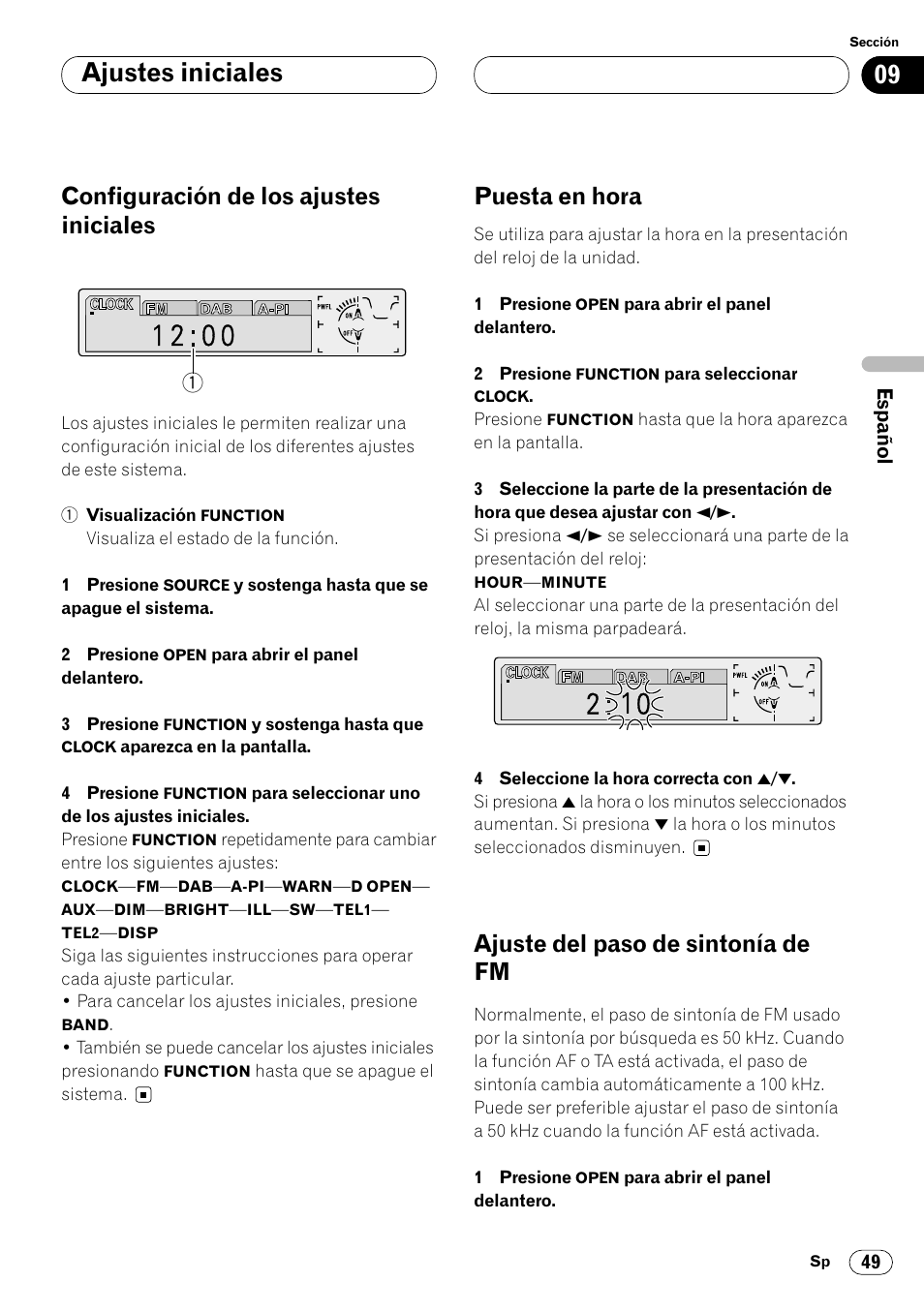 Ajustes iniciales, Configuración de los ajustes iniciales, Puesta en hora | Ajuste del paso de sintonía de fm | Pioneer DEH-P8400MP User Manual | Page 113 / 132