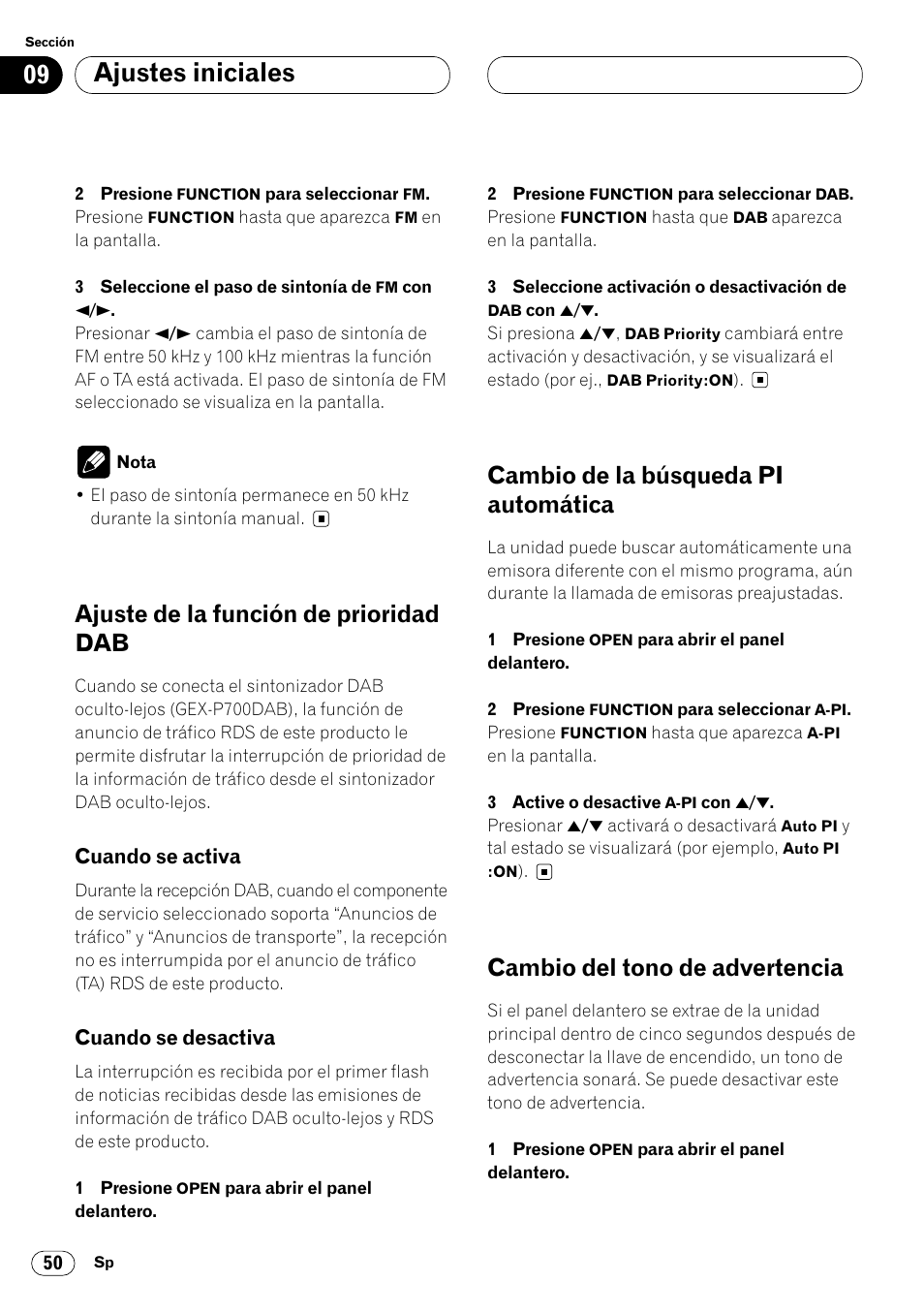Ajuste de la función de prioridad dab 50, Cuando se activa 50 • cuando se desactiva 50, Ajustes iniciales | Ajuste de la función de prioridad dab, Cambio de la búsqueda pi automática, Cambio del tono de advertencia | Pioneer DEH-P8400MP User Manual | Page 114 / 132