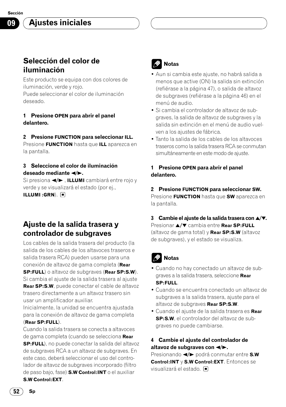 De subgraves 52, Ajustes iniciales, Selección del color de iluminación | Pioneer DEH-P8400MP User Manual | Page 116 / 132