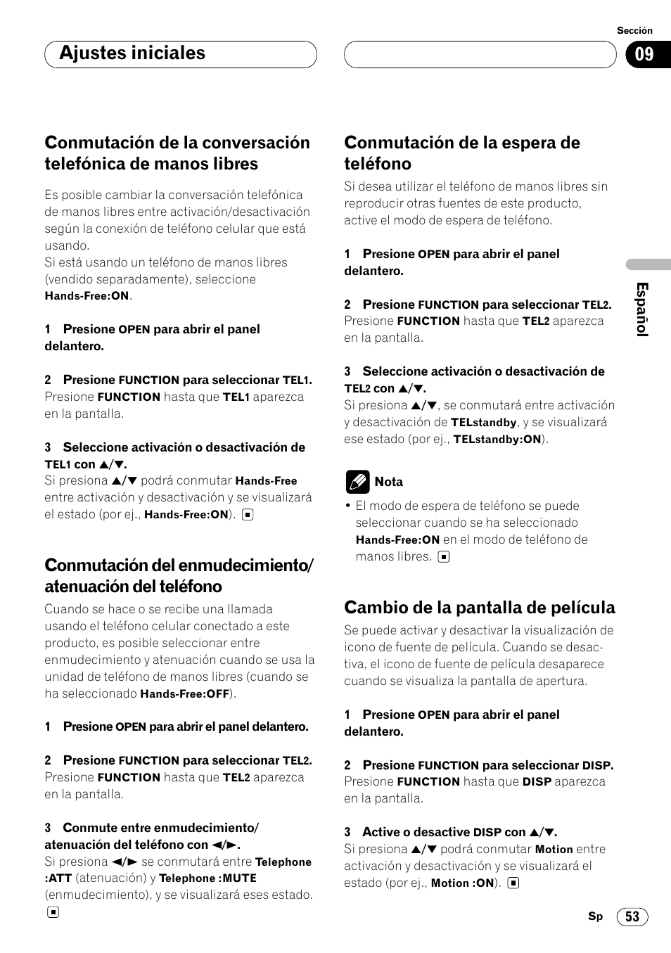 Conmutación de la conversación telefónica, De manos libres 53, Conmutación del enmudecimiento | Atenuación del teléfono 53, 09 ajustes iniciales, Conmutación de la espera de teléfono, Cambio de la pantalla de película | Pioneer DEH-P8400MP User Manual | Page 117 / 132