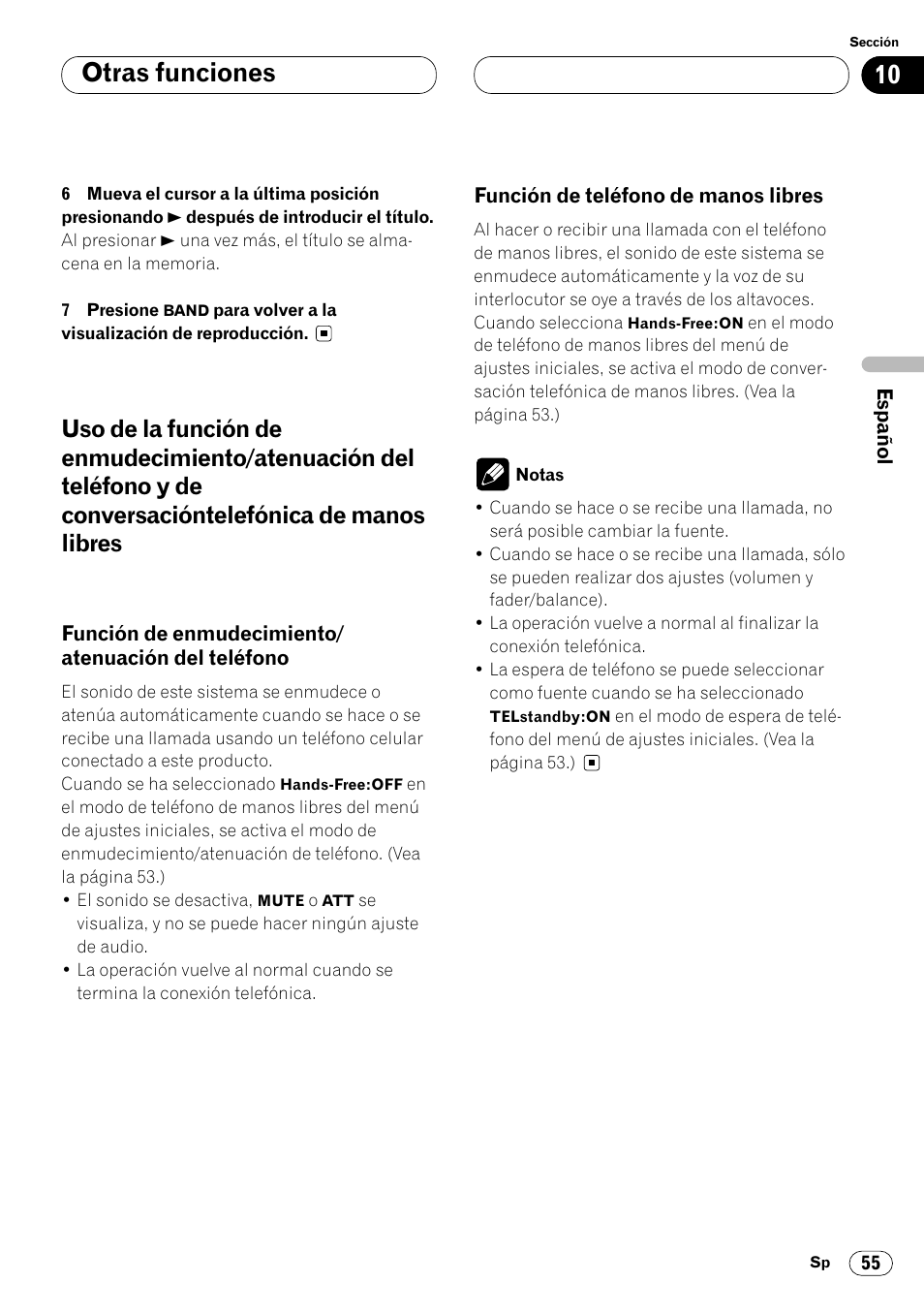Uso de la función de enmudecimiento, Atenuación del teléfono 55, Función de teléfono de manos | Libres 55, 10 otras funciones | Pioneer DEH-P8400MP User Manual | Page 119 / 132