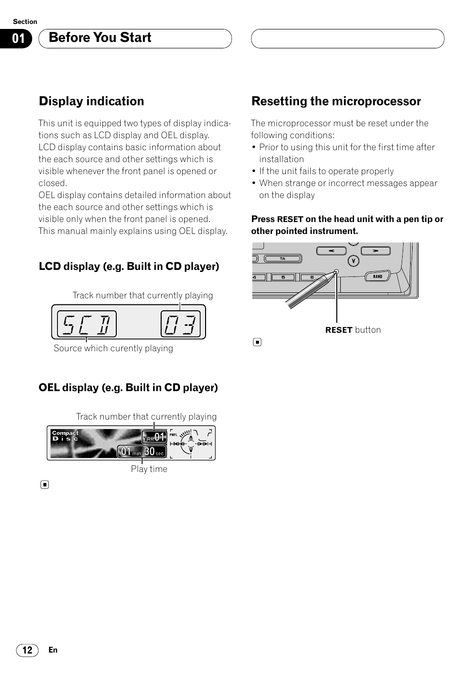 Display indication 12, Lcd display 12 • oel display 12, Resetting the microprocessor 12 | Before you start, Display indication, Resetting the microprocessor | Pioneer DEH-P8400MP User Manual | Page 12 / 132