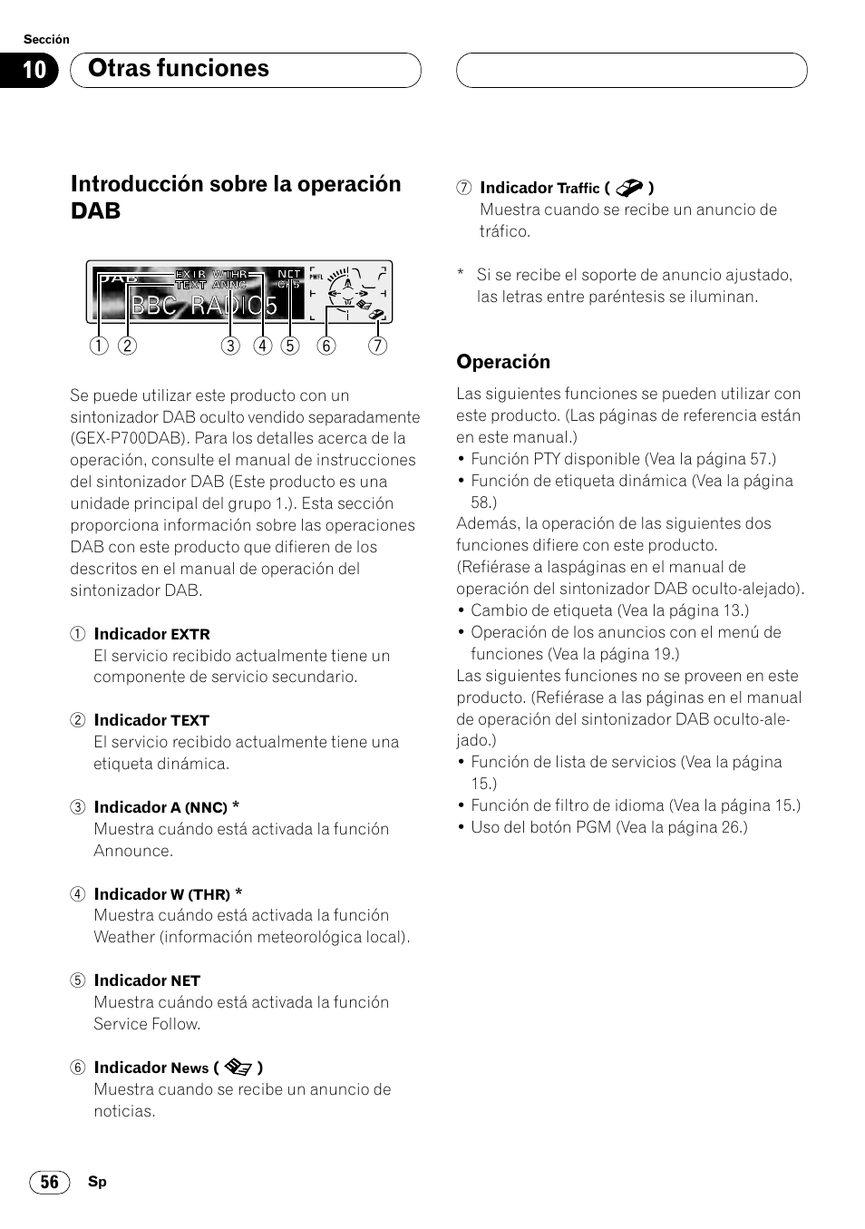 Introducción sobre la operación dab 56, Operación 56, Otras funciones | Introducción sobre la operación dab | Pioneer DEH-P8400MP User Manual | Page 120 / 132