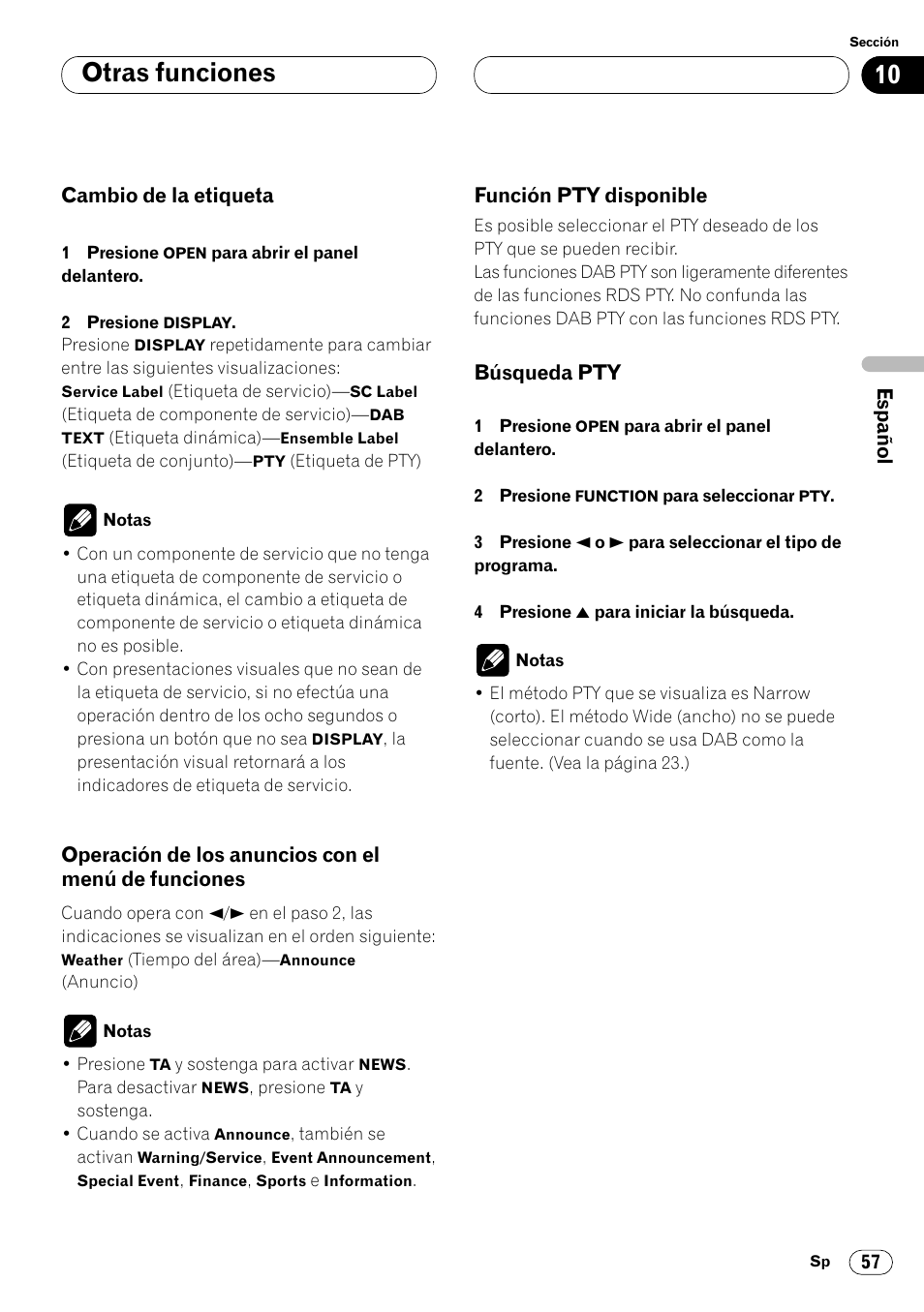 De funciones 57, Función pty disponible 57 • búsqueda pty 57, Otras funciones | Pioneer DEH-P8400MP User Manual | Page 121 / 132