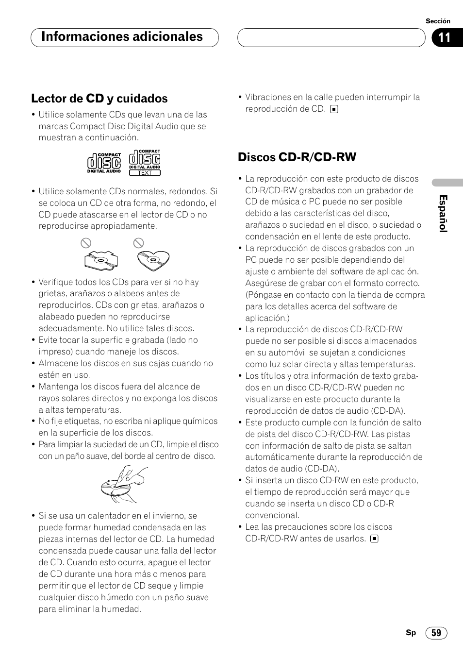 Lector de cd y cuidados 59 discos cd-r/cd-rw 59, Informaciones adicionales, Lector de cd y cuidados | Discos cd-r/cd-rw | Pioneer DEH-P8400MP User Manual | Page 123 / 132