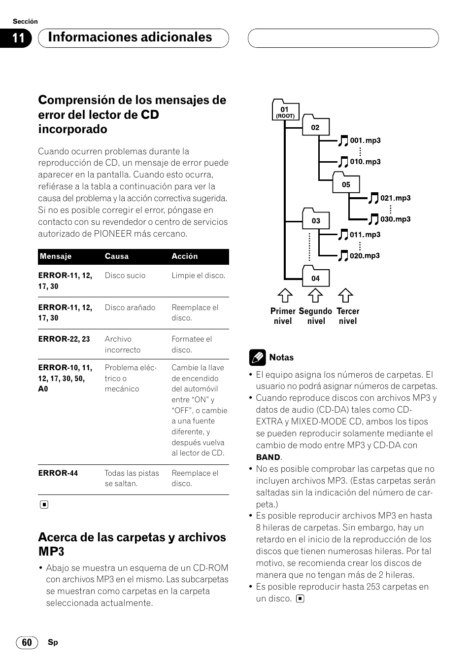 Comprensión de los mensajes de error del, Lector de cd incorporado 60, Acerca de las carpetas y archivos mp3 60 | Informaciones adicionales, Acerca de las carpetas y archivos mp3 | Pioneer DEH-P8400MP User Manual | Page 124 / 132