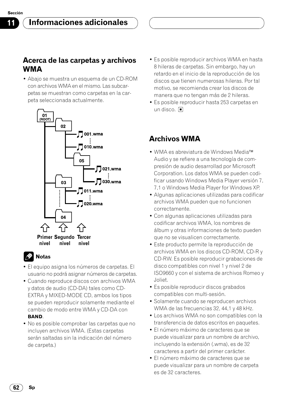 11 informaciones adicionales, Acerca de las carpetas y archivos wma, Archivos wma | Pioneer DEH-P8400MP User Manual | Page 126 / 132