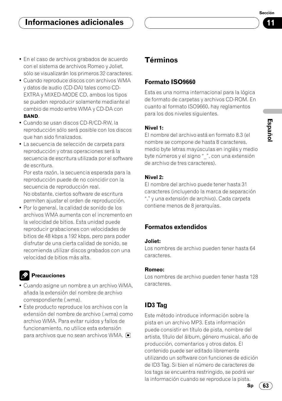 Términos 63, Informaciones adicionales, Términos | Pioneer DEH-P8400MP User Manual | Page 127 / 132