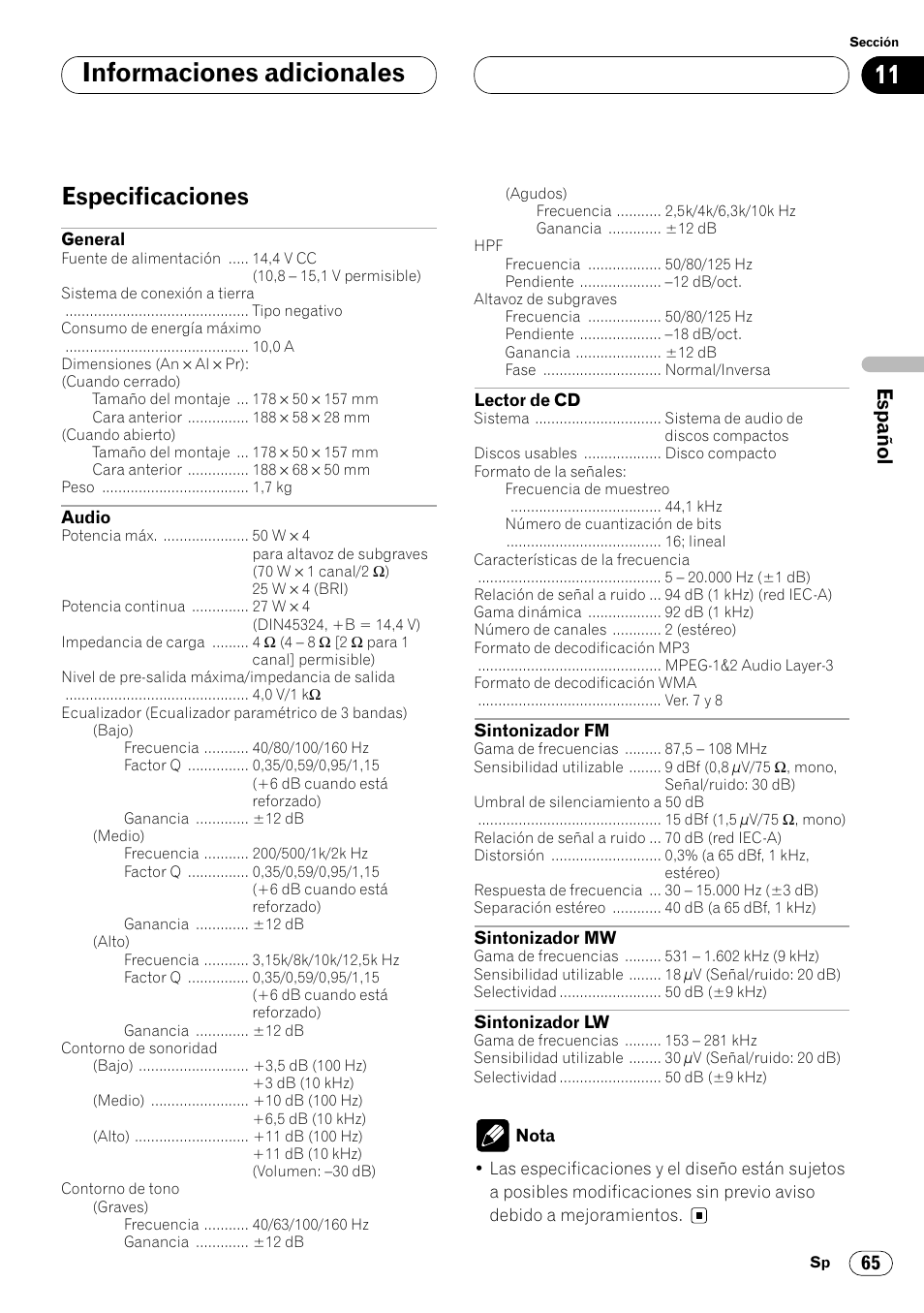 Especificaciones 65, 11 informaciones adicionales, Especificaciones | Pioneer DEH-P8400MP User Manual | Page 129 / 132