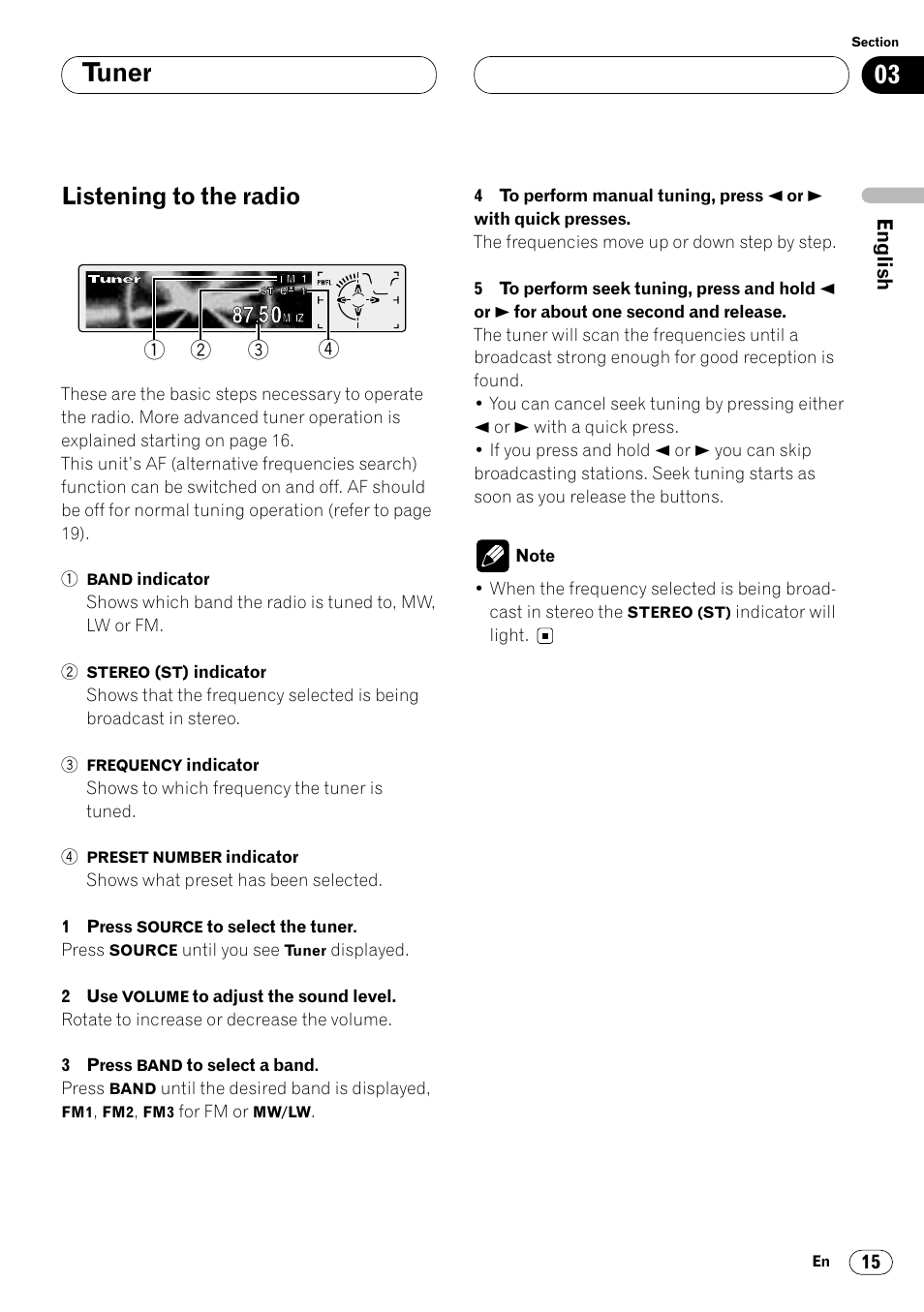 Listening to the radio 15, Tuner, Listening to the radio | Pioneer DEH-P8400MP User Manual | Page 15 / 132