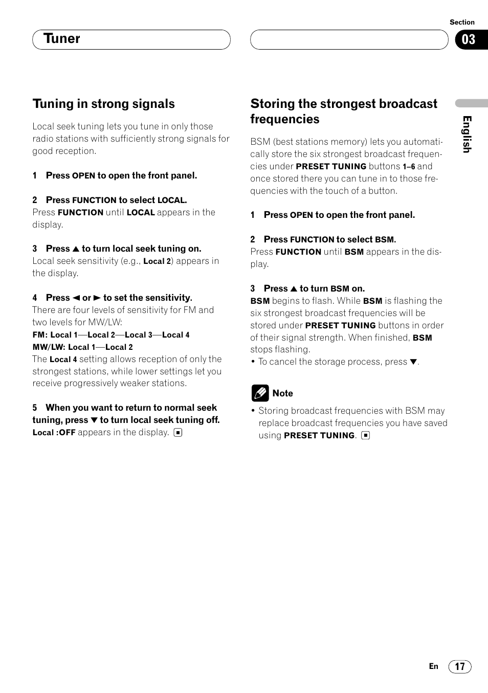 Frequencies 17, Tuner, Tuning in strong signals | Storing the strongest broadcast frequencies | Pioneer DEH-P8400MP User Manual | Page 17 / 132