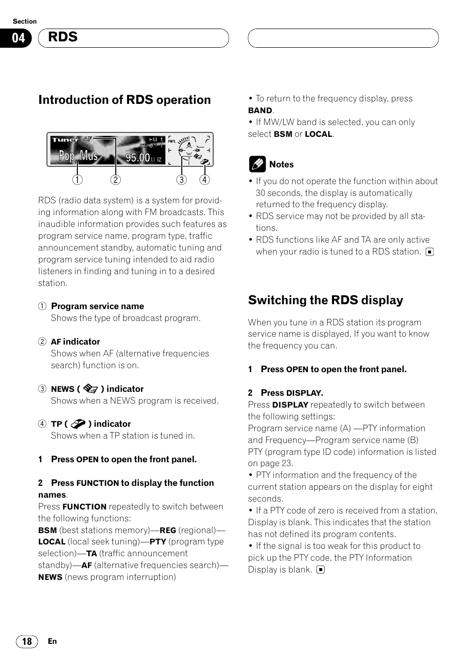 Introduction of rds operation, Switching the rds display | Pioneer DEH-P8400MP User Manual | Page 18 / 132