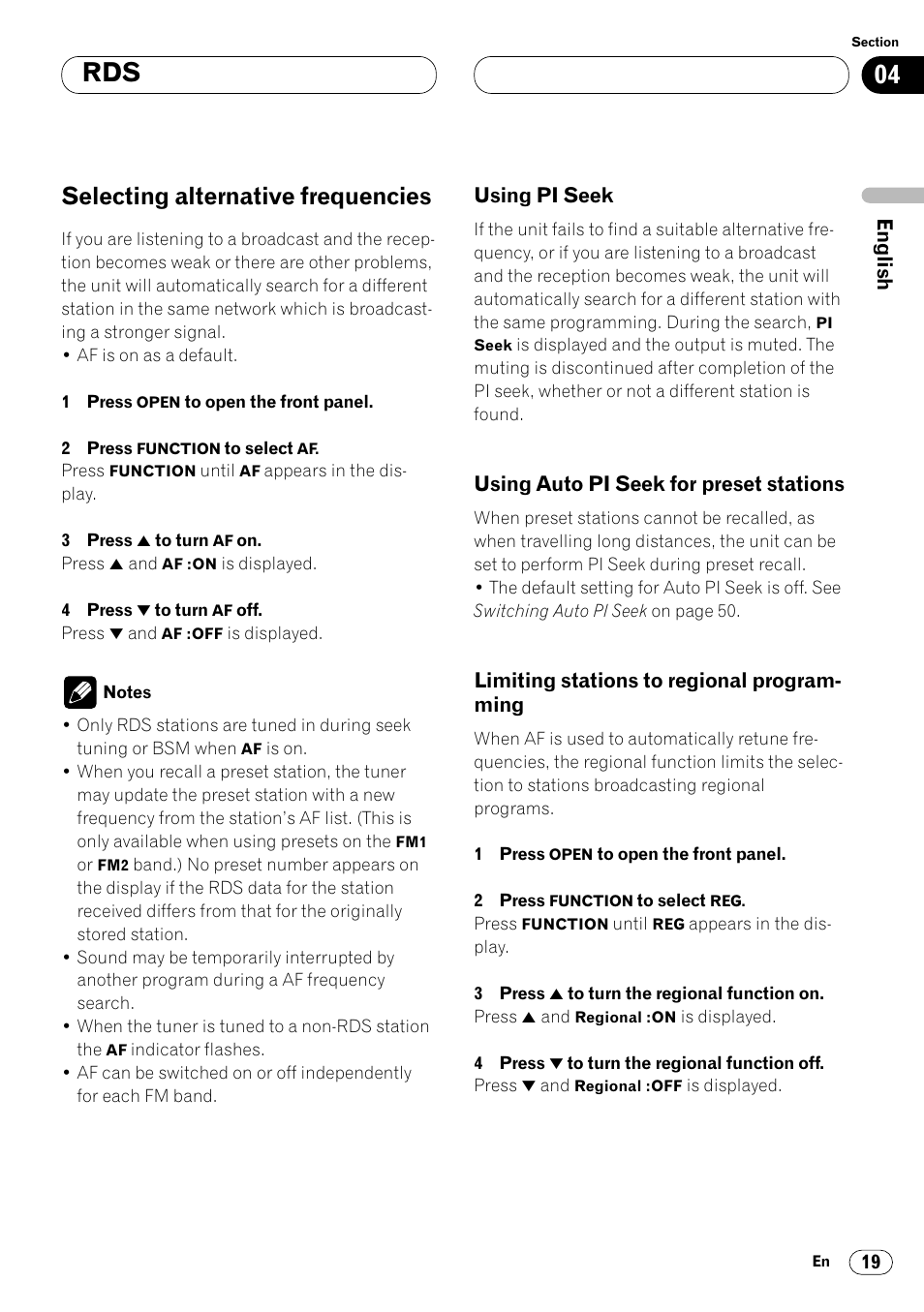 Selecting alternative frequencies 19, Using pi seek 19 • using auto pi seek for preset, Stations 19 | Limiting stations to regional, Programming 19, Selecting alternative frequencies | Pioneer DEH-P8400MP User Manual | Page 19 / 132