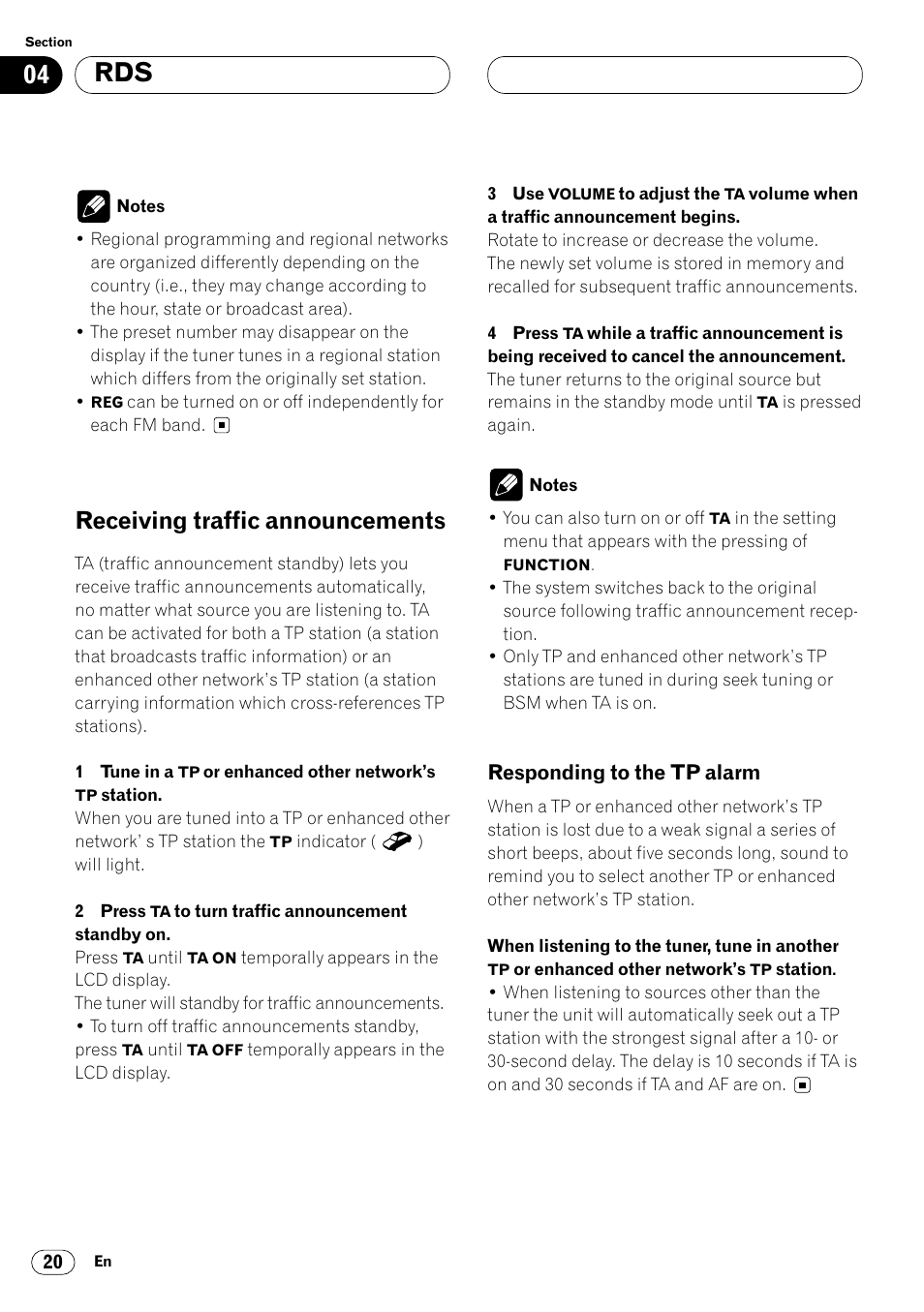 Receiving traffic announcements 20, Responding to the tp alarm 20, Receiving traffic announcements | Pioneer DEH-P8400MP User Manual | Page 20 / 132