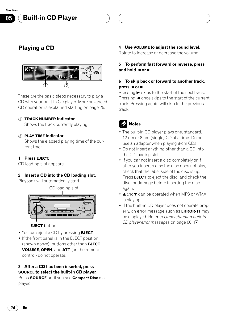 Playing a cd 24, Built-in cd player, Playing a cd | Pioneer DEH-P8400MP User Manual | Page 24 / 132