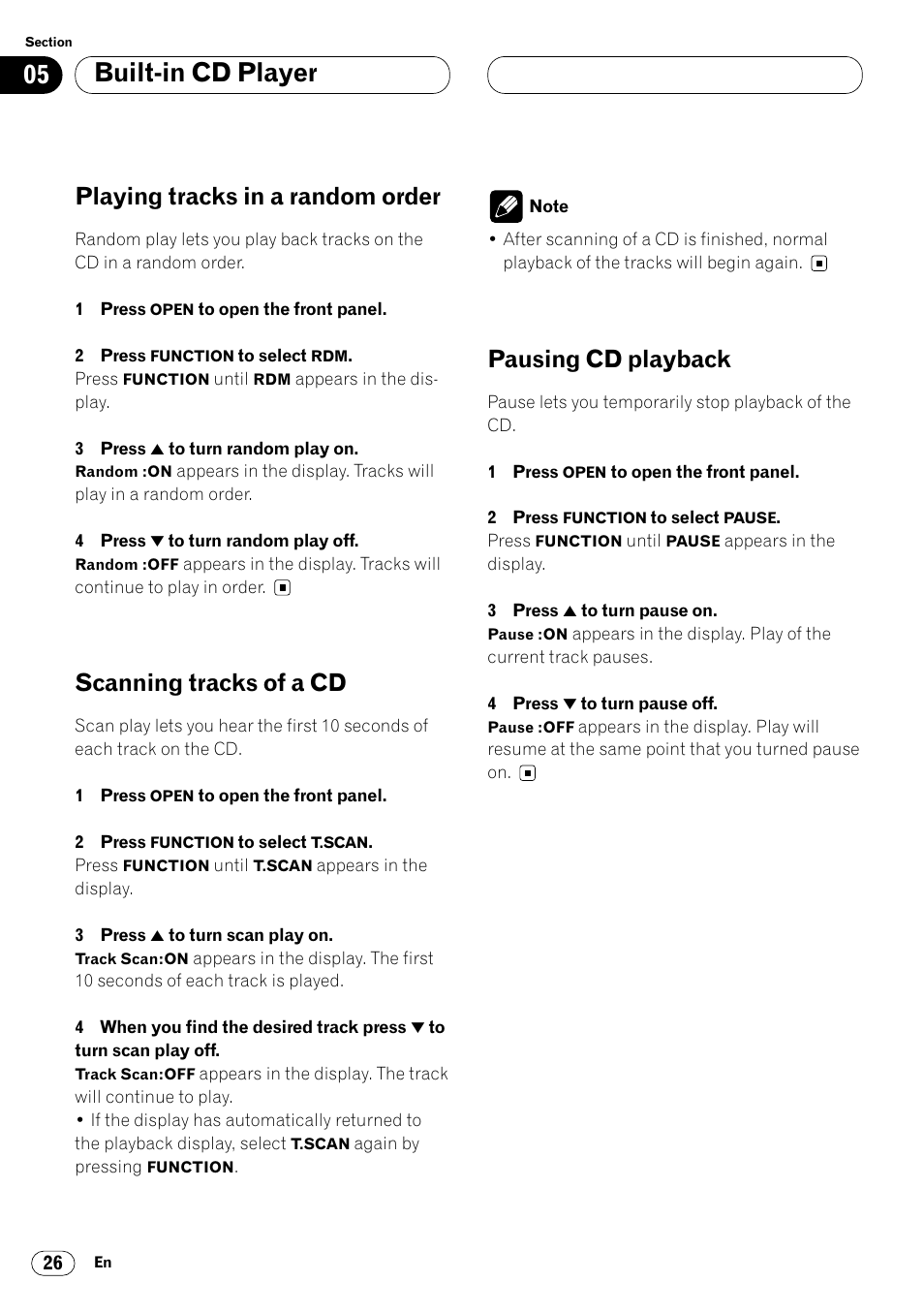 Built-in cd player, Playing tracks in a random order, Scanning tracks of a cd | Pausing cd playback | Pioneer DEH-P8400MP User Manual | Page 26 / 132