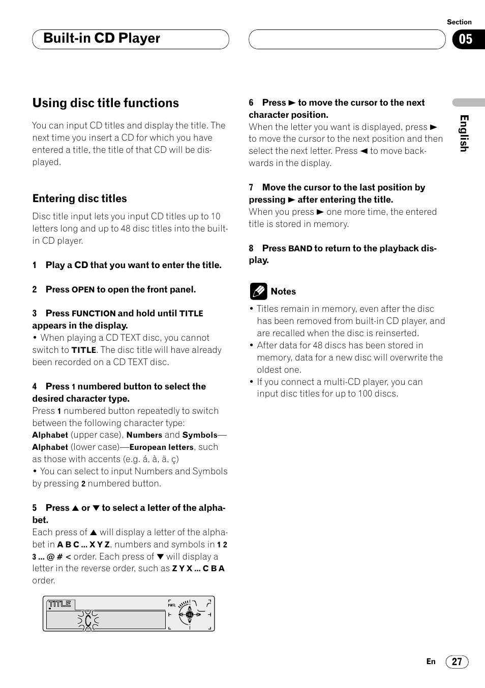 Using disc title functions 27, Entering disc titles 27, Built-in cd player | Using disc title functions | Pioneer DEH-P8400MP User Manual | Page 27 / 132