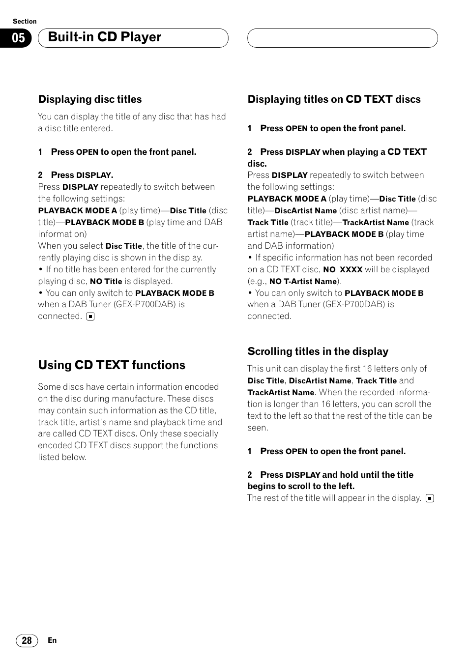 Displaying disc titles 28, Using cd text functions 28, Built-in cd player | Using cd text functions, Displaying disc titles, Displaying titles on cd text discs, Scrolling titles in the display | Pioneer DEH-P8400MP User Manual | Page 28 / 132