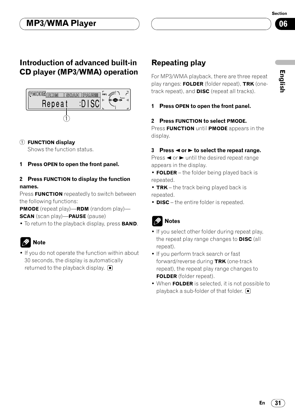 Introduction of advanced built-cd player, Mp3/wma) operation 31, Repeating play 31 | Mp3/wma player, Repeating play | Pioneer DEH-P8400MP User Manual | Page 31 / 132