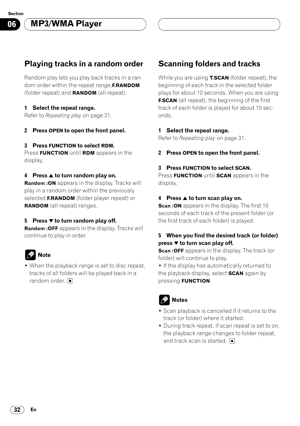 Mp3/wma player, Playing tracks in a random order, Scanning folders and tracks | Pioneer DEH-P8400MP User Manual | Page 32 / 132