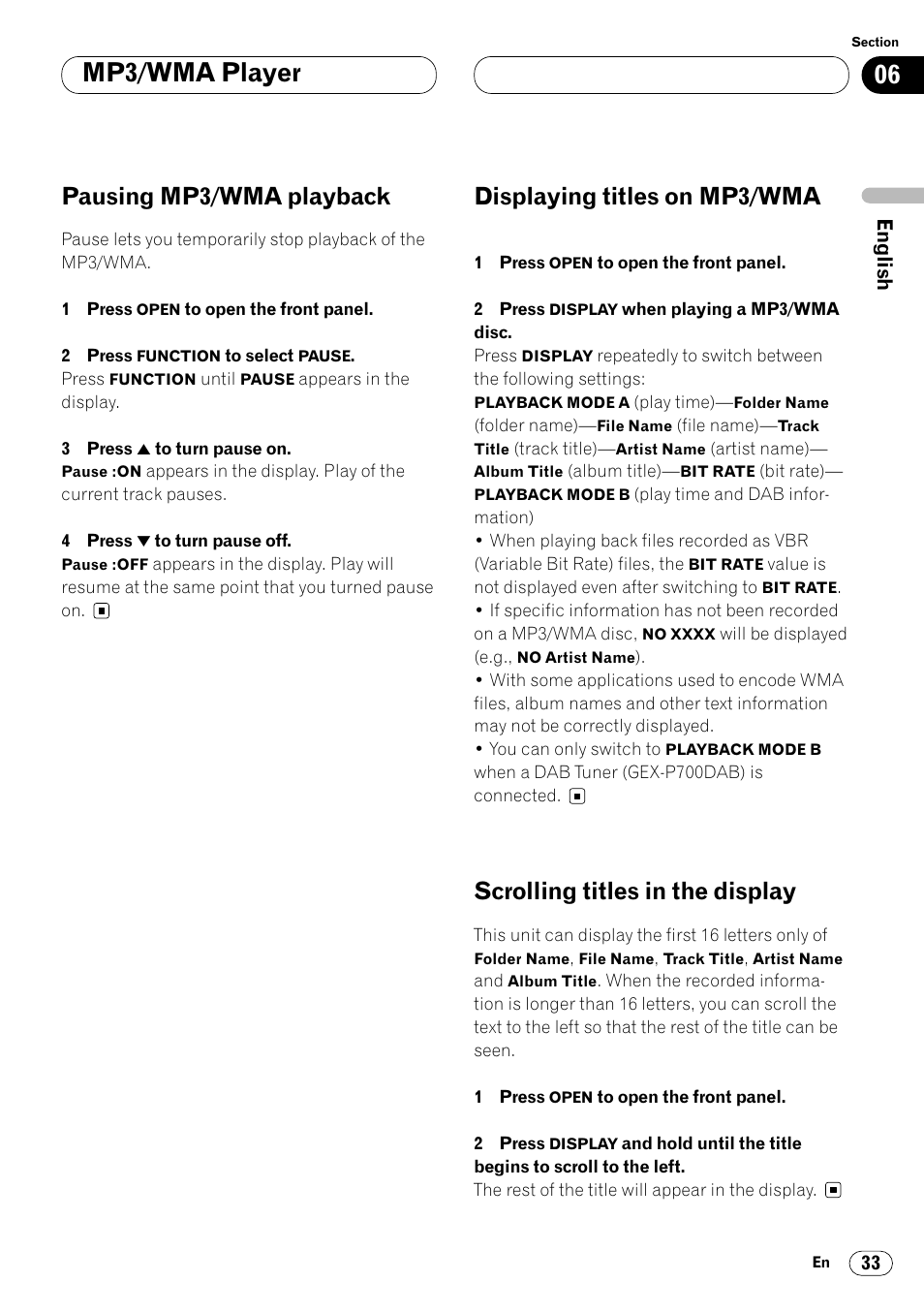 Mp3/wma player, Pausing mp3/wma playback, Displaying titles on mp3/wma | Scrolling titles in the display | Pioneer DEH-P8400MP User Manual | Page 33 / 132
