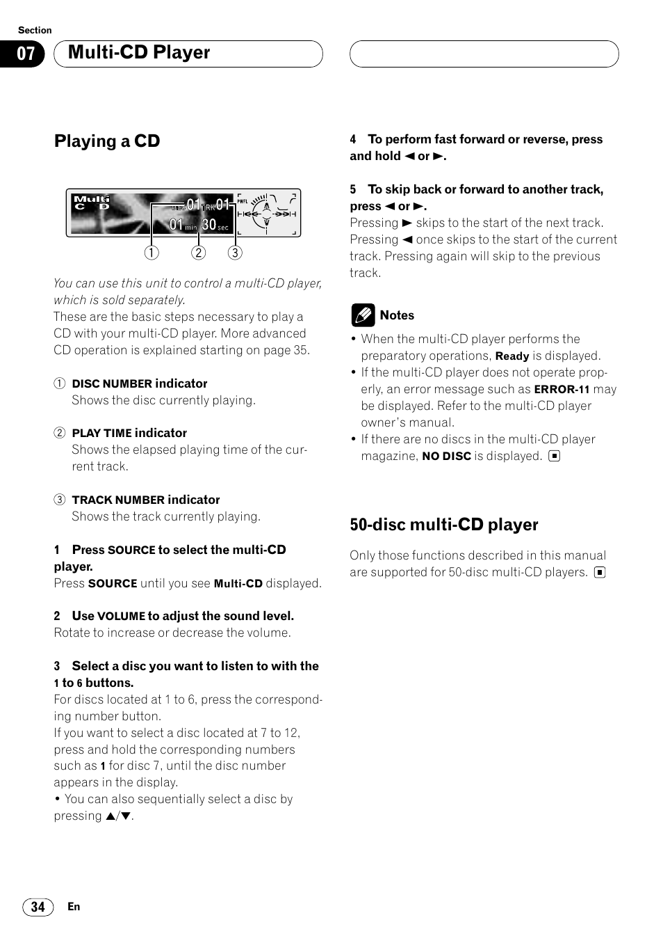 Playing a cd 34 50-disc multi-cd player 34, Multi-cd player, Playing a cd | Disc multi-cd player | Pioneer DEH-P8400MP User Manual | Page 34 / 132