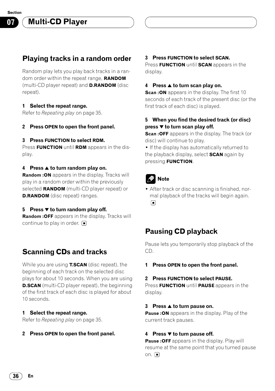 Multi-cd player, Playing tracks in a random order, Scanning cds and tracks | Pausing cd playback | Pioneer DEH-P8400MP User Manual | Page 36 / 132