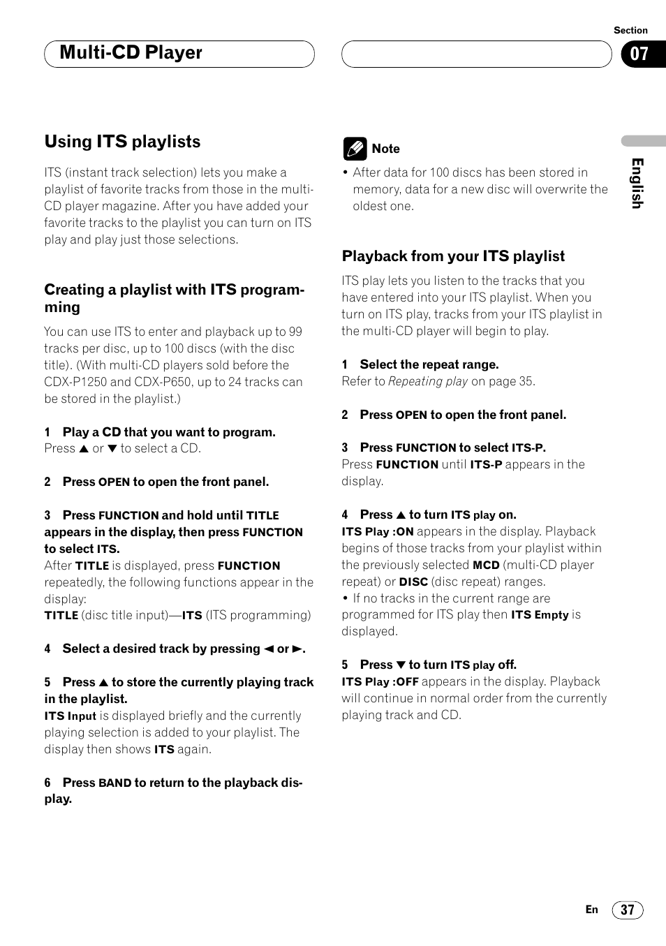Using its playlists 37, Creating a playlist with its, Programming 37 | Playback from your its playlist 37, Multi-cd player, Using its playlists | Pioneer DEH-P8400MP User Manual | Page 37 / 132